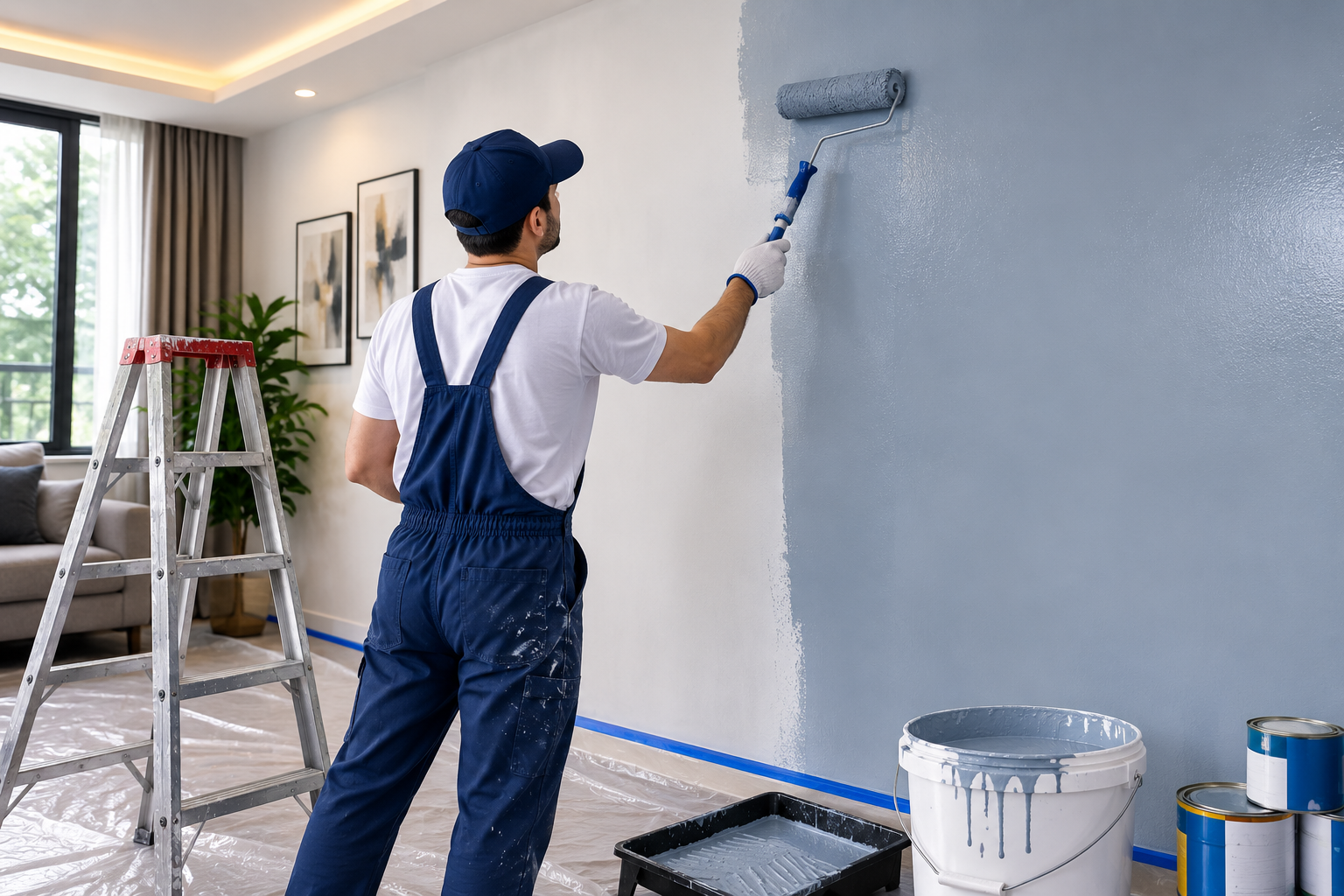 Painter rolling fresh paint on interior wall
