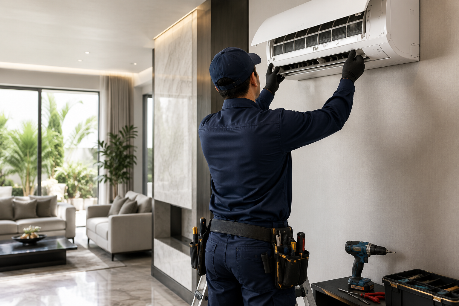 Technician installing a new AC unit