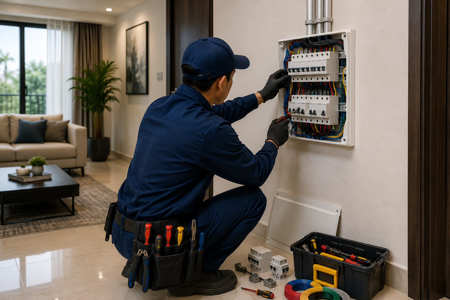 Electrician installing switchboard panel