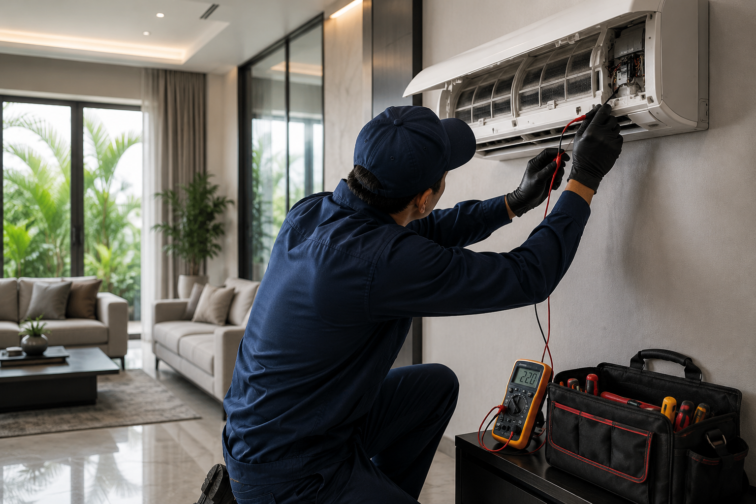 Technician diagnosing AC repair issue