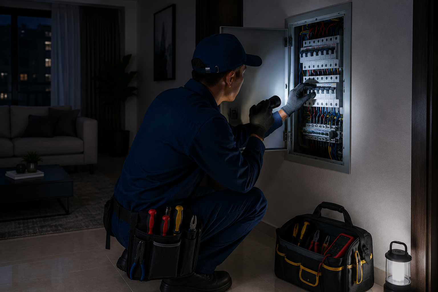 Electrician responding to power outage