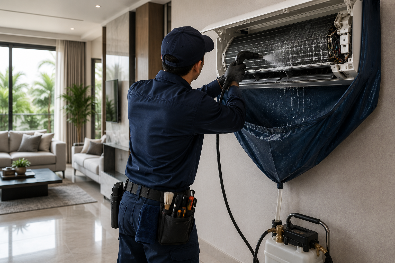 AC coil deep cleaning in progress
