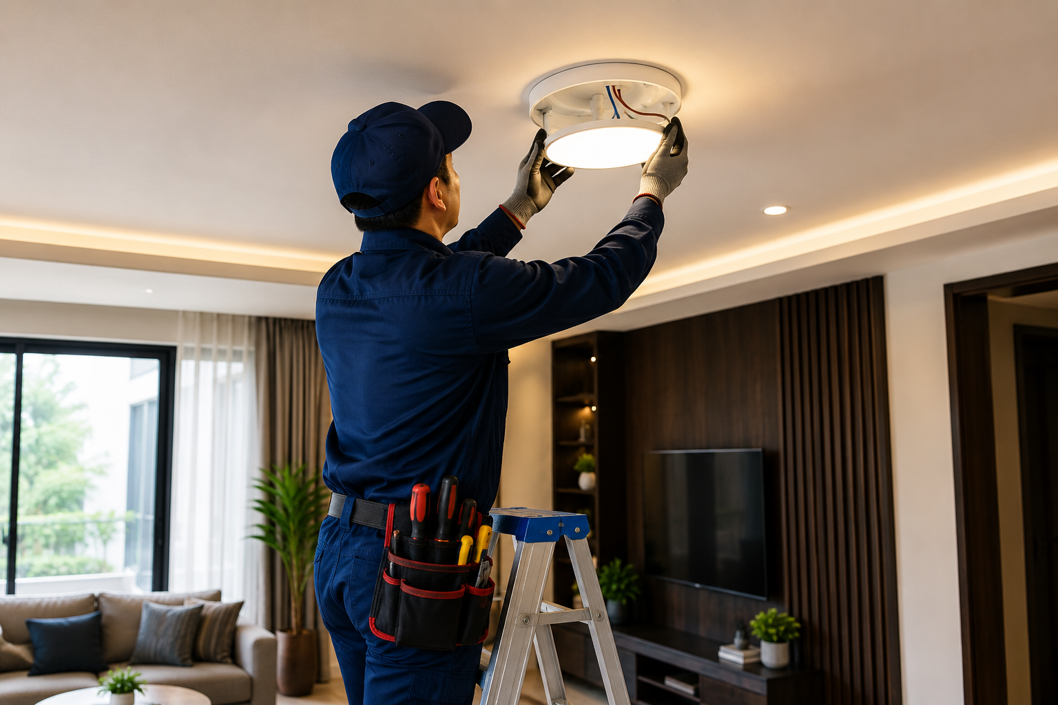 Electrician installing light fixture