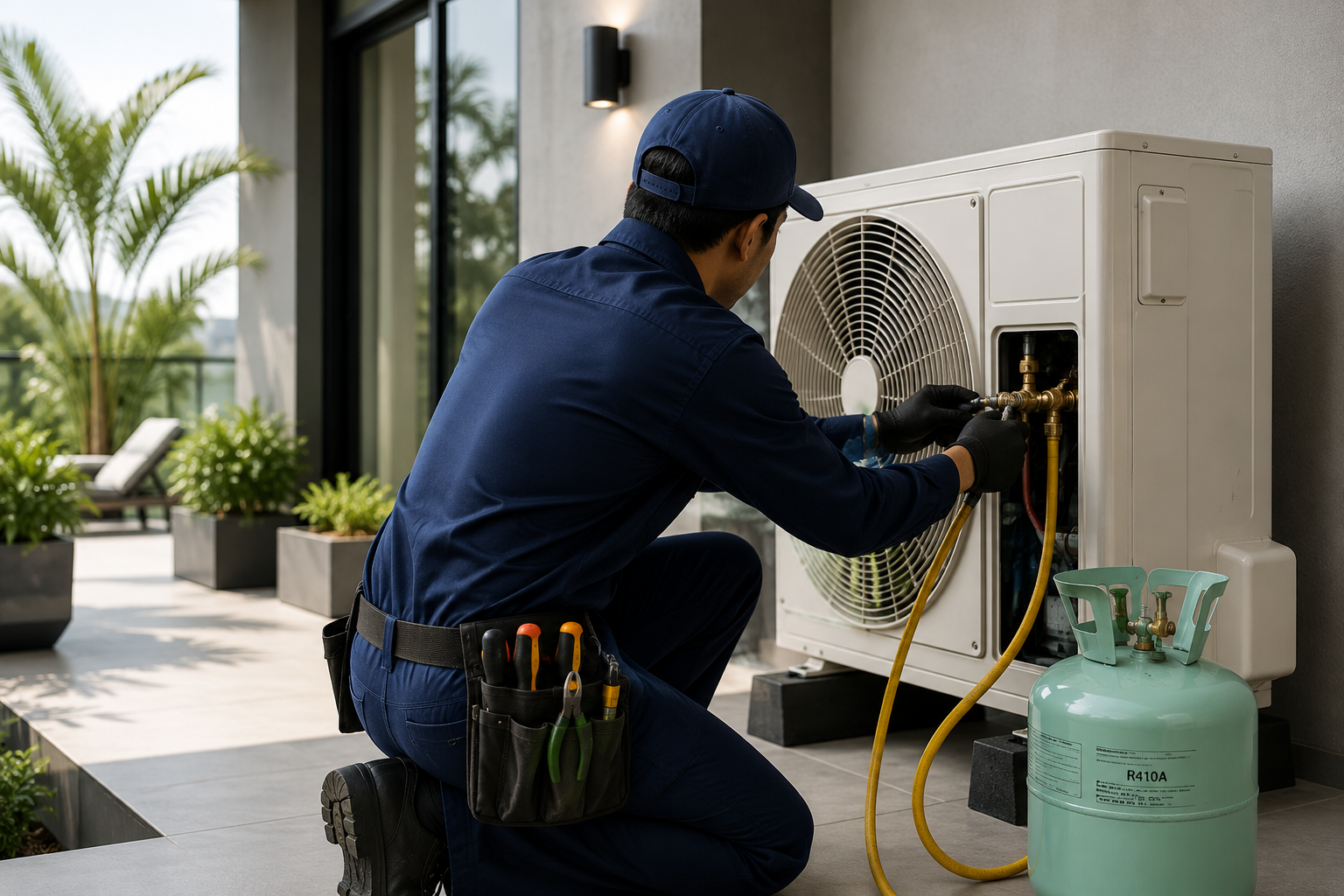 Technician refilling AC refrigerant gas