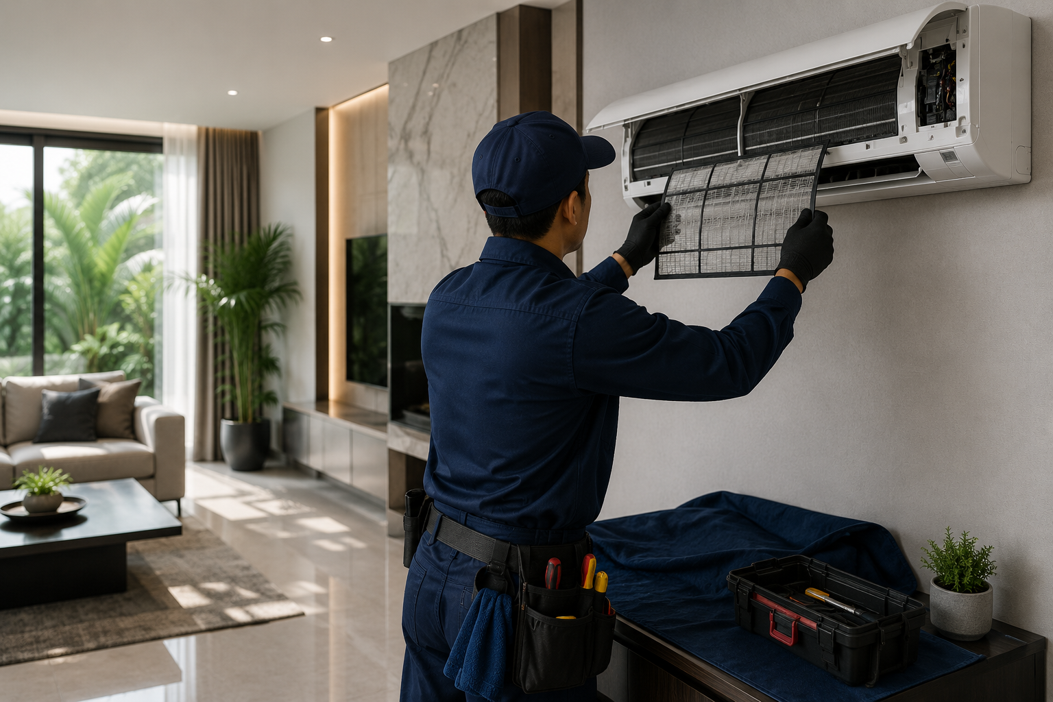 Technician replacing AC filter