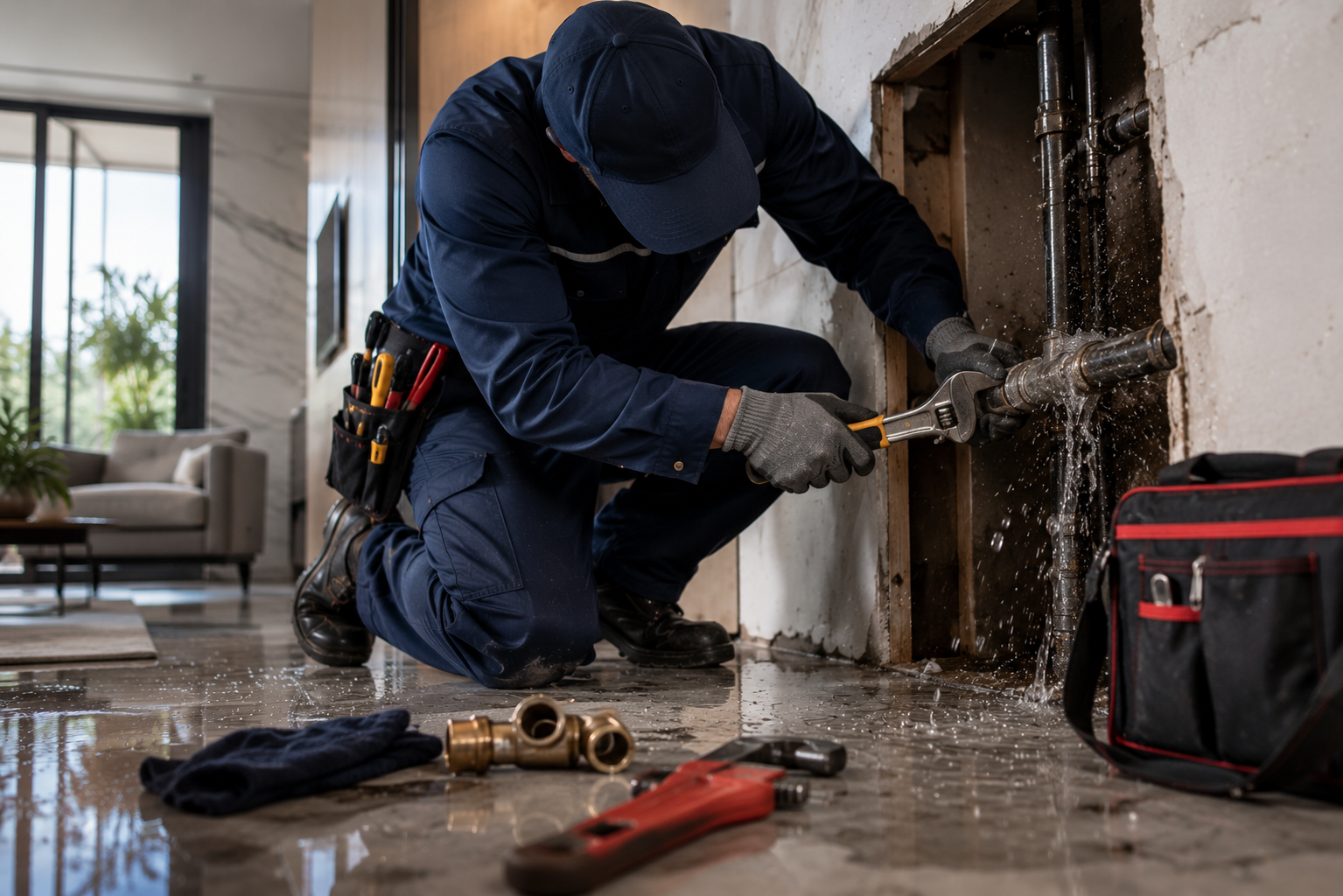 Plumber fixing a burst pipe emergency