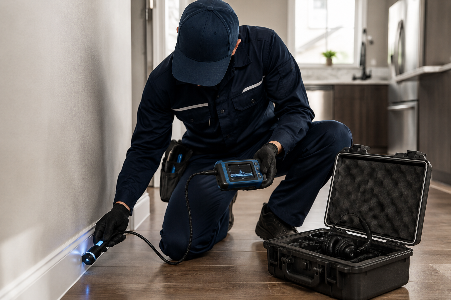 Technician using leak detection equipment
