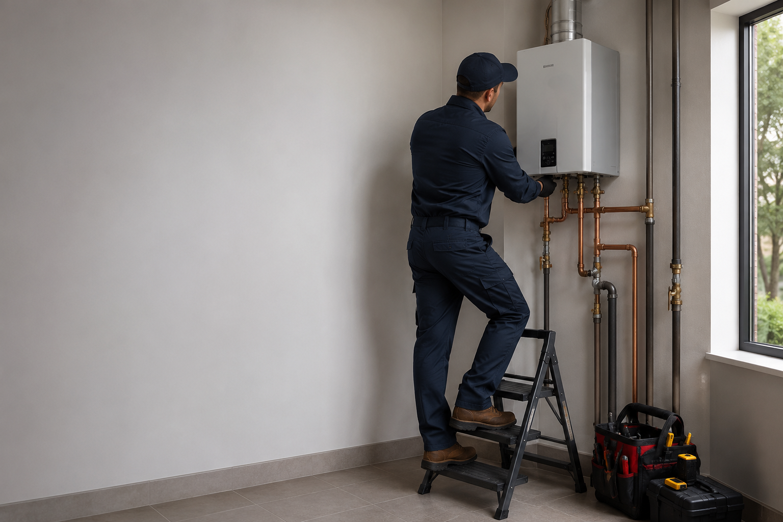 Technician installing a water heater