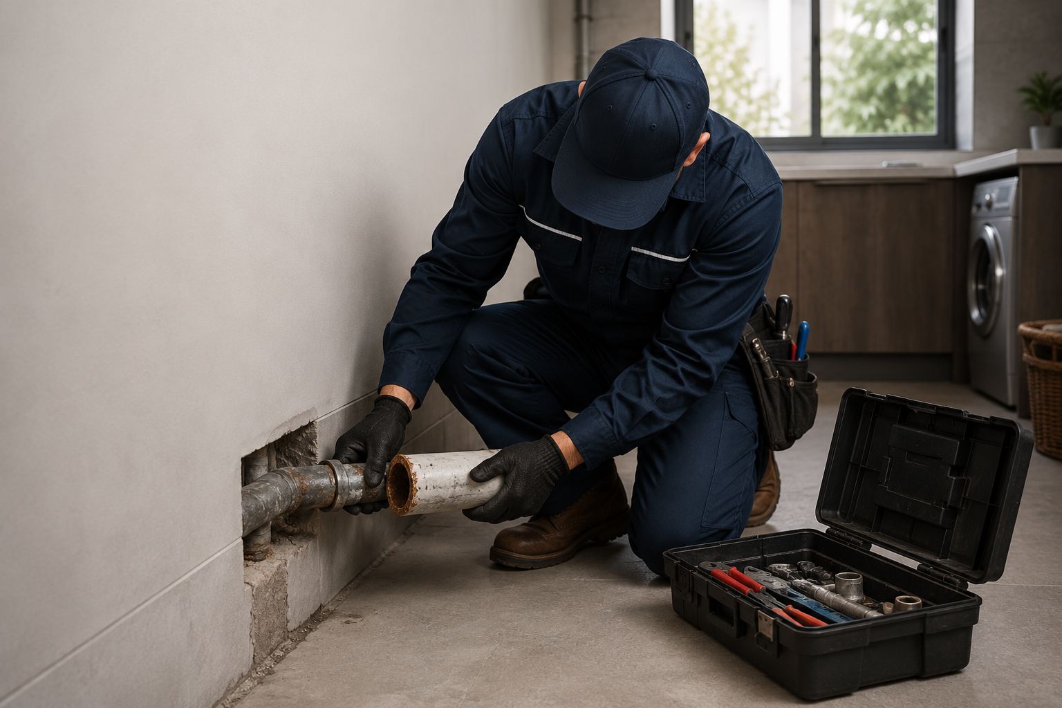 Plumber replacing corroded pipe section