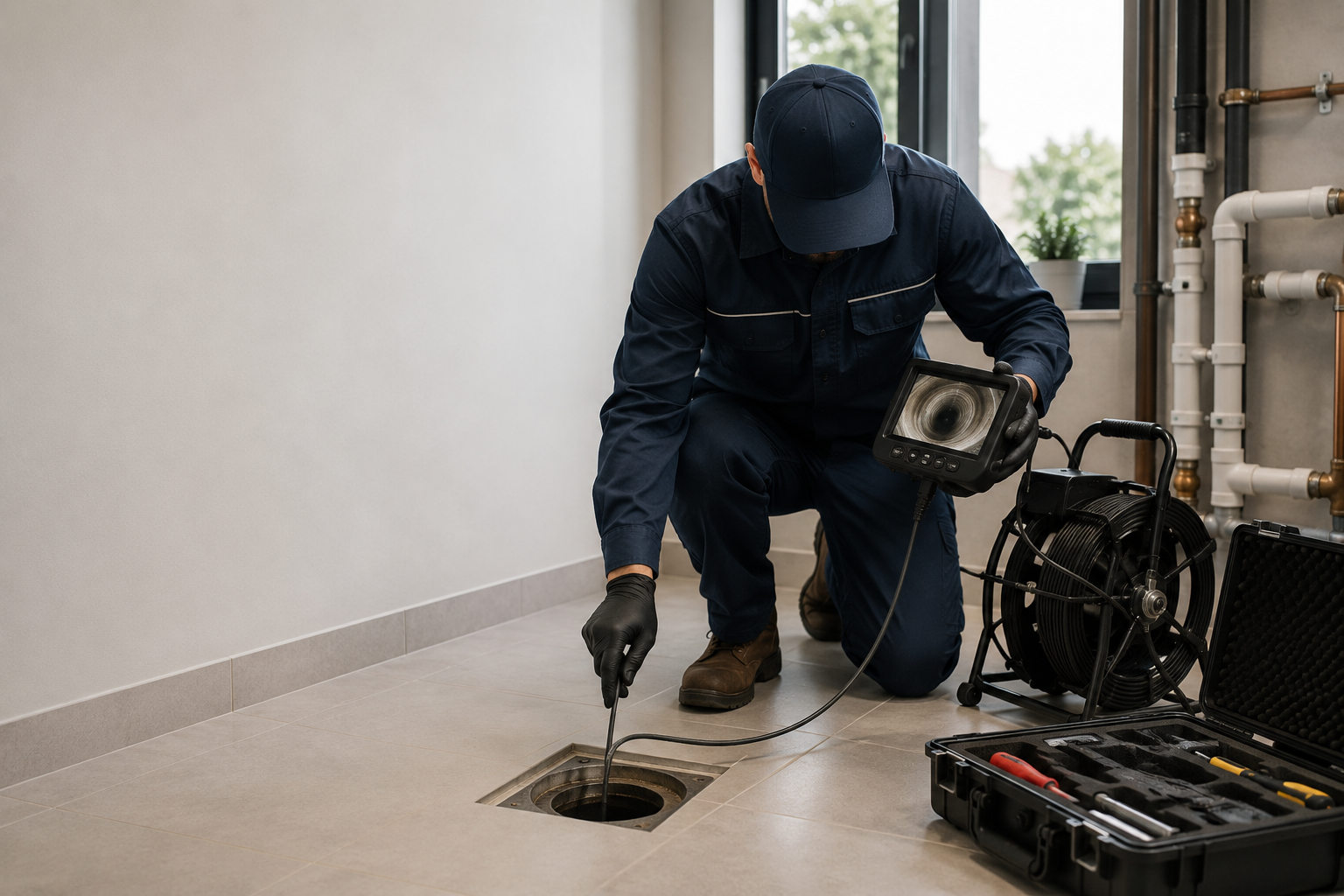 Technician inspecting sewer line