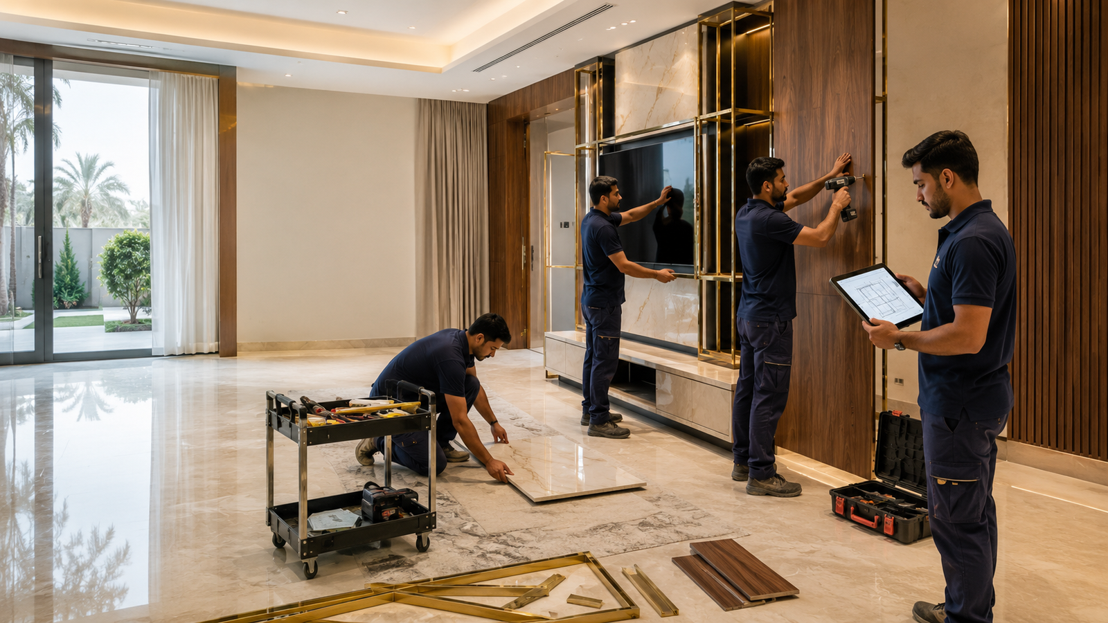 Pearl Essence Interiors technicians working in a UAE villa